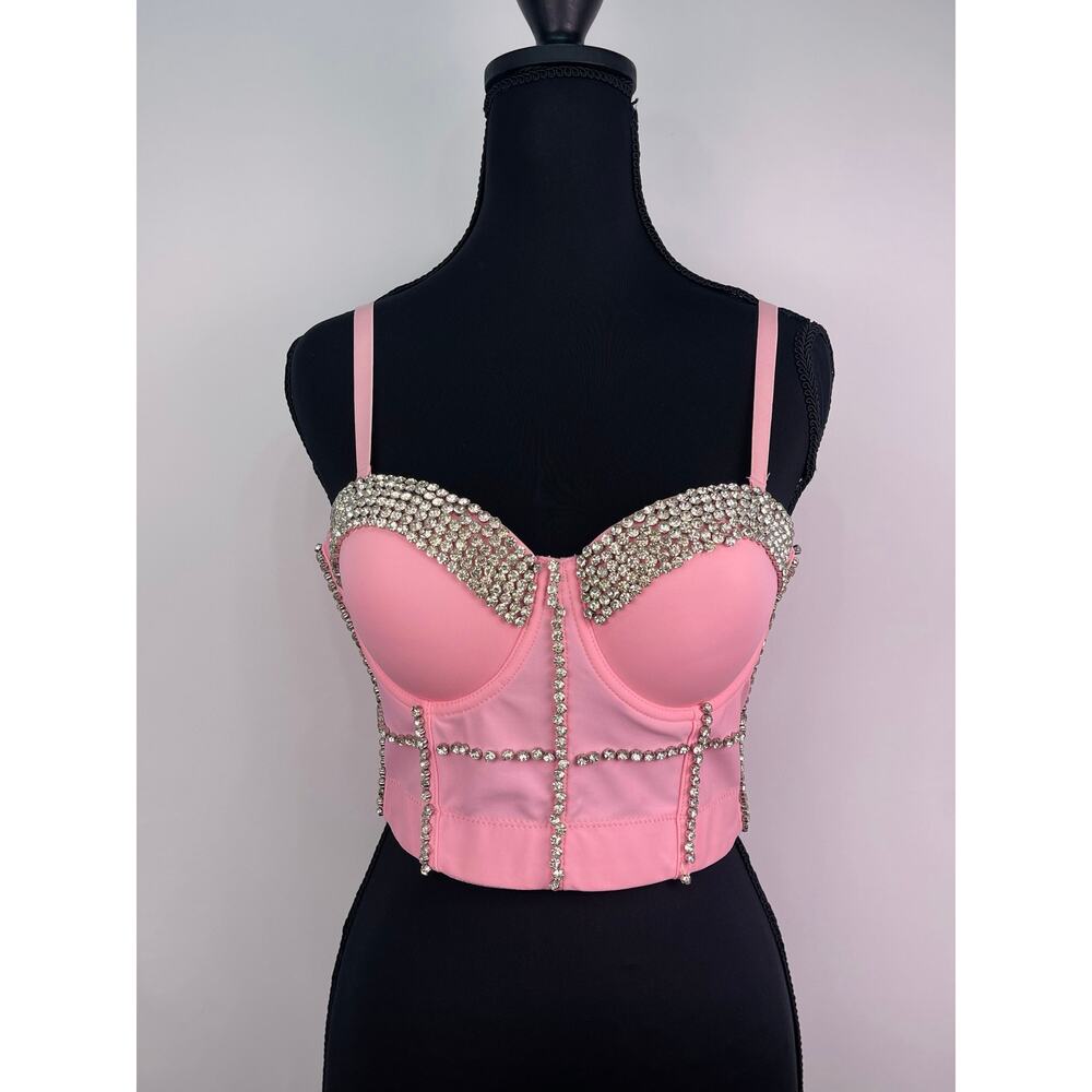 NWT Molly’s World Boutique Pink Rhinestone Cropped Corset Top Size 34B / XS